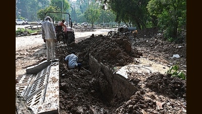 With the stormwater system already embattled, authorities have also failed to complete civic works before monsoon, allege Chandigarh residents. (Keshav Singh/HT) With the stormwater system already embattled, authorities have also failed to complete civic works before monsoon, allege Chandigarh residents. (Keshav Singh/HT)
