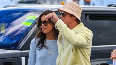 Ines de Ramon and Brad Pitt hold hands at the British Grand Prix. Ines de Ramon and Brad Pitt hold hands at the British Grand Prix.