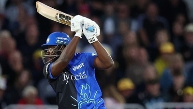 Andre Russell has a swing. (Getty) Andre Russell has a swing. (Getty)