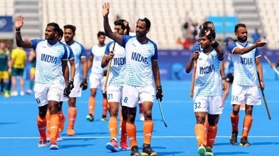 Hardik Singh (centre) has been an engine for India in midfield. (Getty Images) Hardik Singh (centre) has been an engine for India in midfield. (Getty Images)