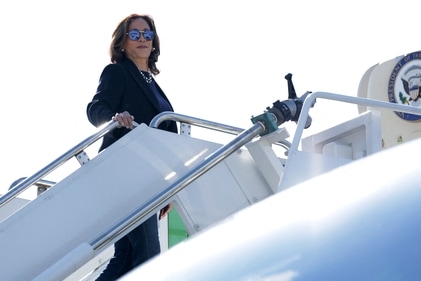 Democratic U.S. presidential candidate Vice President Kamala Harris boards Air Force Two prior to a departure at Detroit Metropolitan Wayne County Airport in Detroit, Michigan. Vice President Harris will continue to campaign in Arizona tomorrow. (Photo by ALEX WONG / GETTY IMAGES NORTH AMERICA / Getty Images via AFP) (Getty Images via AFP) Democratic U.S. presidential candidate Vice President Kamala Harris boards Air Force Two prior to a departure at Detroit Metropolitan Wayne County Airport in Detroit, Michigan. Vice President Harris will continue to campaign in Arizona tomorrow. (Photo by ALEX WONG / GETTY IMAGES NORTH AMERICA / Getty Images via AFP) (Getty Images via AFP)