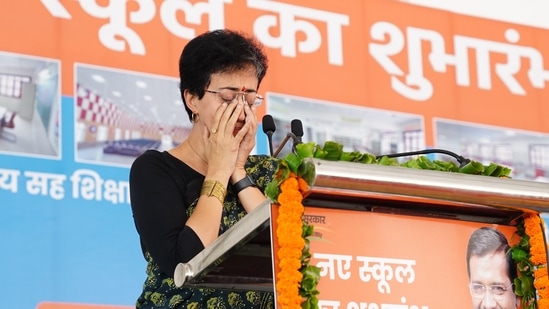 Education Minister Atishi breaks down during the inauguration of Sarvodaya Co-Ed School at Nasirpur, Dwarka in New Delhi on AUGUST 9. (HT Photo)