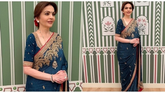 Nita Ambani brings retro glam to Paris Olympics, rocks a 70s style vintage indigo saree and rose-adorned hairdo: Pics