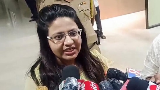 Former IAS trainee Puja Khedkar interacting with media persons in Maharashtra last month. (ANI Photo)