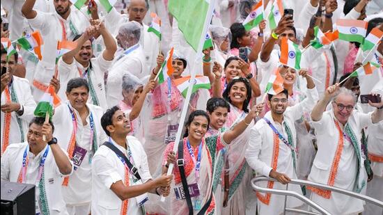 Indian contingent during the opening ceremony of the Paris Olympics. (PTI)