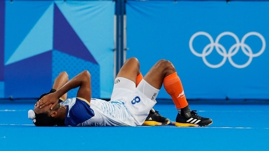 Hardik in the seconds after the semi-final against Germany. 