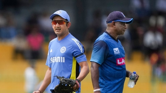 India's head coach Gautam Gambhir and Sri Lanka's interim coach Sanath Jayasuriya during a warm-up session(PTI)