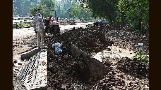 With the stormwater system already embattled, authorities have also failed to complete civic works before monsoon, allege Chandigarh residents. (Keshav Singh/HT)