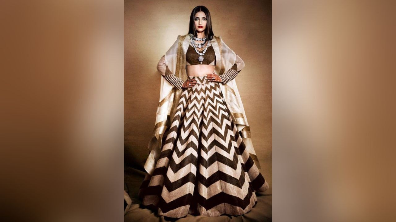 Sonam stuns in black and white lehenga ensemble for her wedding reception.