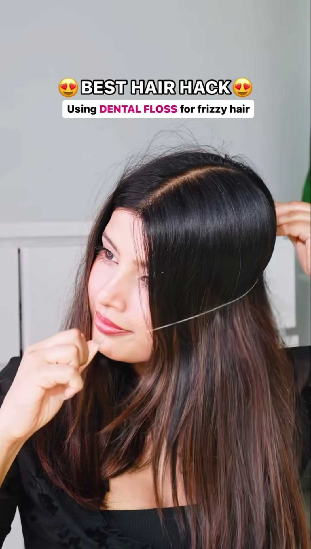 The waxy coating of dental floss can help to stick the hair in place (Photo: Instagram)