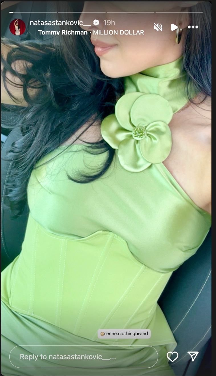 Natasa uploaded an Instagram story in a stylish green corset dress. (Instagram/@natasastankovic__)