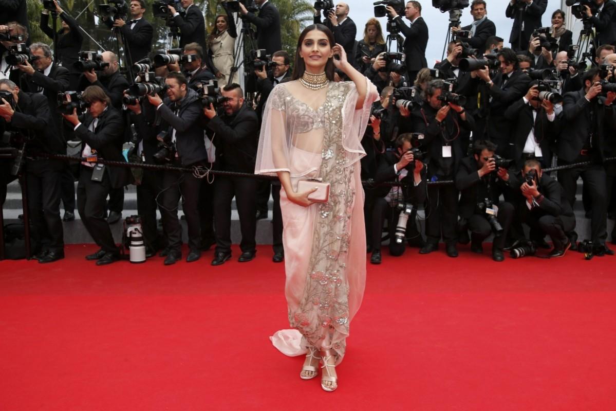 Sonam Kapoor styled in reimagined Anamika Khanna saree at Cannes 2013.