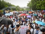 Doctors from AIIMS Delhi stage a protest against the alleged Kolkata Doctor Rape case in New Delhi, India. (HT Photo)