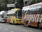 Mumbai, India - Aug 012, 2024: General view of private tourist buses parked near Sanjay Gandhi National Park at Borivali in Mumbai, India.012, 2024. (Photo by Raju Shinde/ Hindustan Times) (Hindustan Times)
