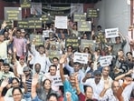 Mumbai, India – Aug 12, 2024: Residents protest against LIC's draconian policies, the fundamental right to equality does not prevail in LIC-owned buildings where different tenants are charged different rents, residents are forced to pay exorbitant rents that are double their income or vacate their homes, buildings are almost 100 years old and need urgent redevelopment but LIC is not in favour of redevelopment at Azad Maidan, in Mumbai, India, on Monday, Aug 12, 2024. (Photo by Bhushan Koyande/HT Photo) Mumbai, India – Aug 12, 2024: Residents protest against LIC's draconian policies, the fundamental right to equality does not prevail in LIC-owned buildings where different tenants are charged different rents, residents are forced to pay exorbitant rents that are double their income or vacate their homes, buildings are almost 100 years old and need urgent redevelopment but LIC is not in favour of redevelopment at Azad Maidan, in Mumbai, India, on Monday, Aug 12, 2024. (Photo by Bhushan Koyande/HT Photo)