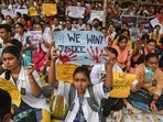 Doctors and nursing staff participate in a huge mass rally near RG Kar Medical College and Hospital protesting against rape and murder of a trainee doctor in Kolkata. (PTI) Doctors and nursing staff participate in a huge mass rally near RG Kar Medical College and Hospital protesting against rape and murder of a trainee doctor in Kolkata. (PTI)