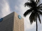The logo of State Bank of India (SBI) is seen on the facade of its headquarters in Mumbai, India.