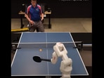 Google's AI robot playing against a table tennis player. Google's AI robot playing against a table tennis player.
