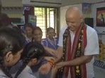 Students tie Rakhi to Manish Sisodia ahead of Raksha Bandhan