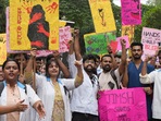 Junior doctors, trainee doctors and medical students protest against the sexual assault and killing of a post-graduate trainee doctor at RG Kar Medical College, in Kolkata,(PTI) Junior doctors, trainee doctors and medical students protest against the sexual assault and killing of a post-graduate trainee doctor at RG Kar Medical College, in Kolkata,(PTI)