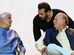 Salman Khan with his father Salim Khan and Javed Akhtar during the trailer launch of their upcoming docuseries Angry Young Men in Mumbai on August 13, 2024. (Photo by Sujit JAISWAL / AFP)