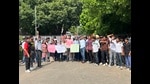 NSUI members holding a protest at Panjab University in Chandigarh on Tuesday. (HT Photo) NSUI members holding a protest at Panjab University in Chandigarh on Tuesday. (HT Photo)