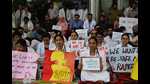 Resident doctors of the SGPGIMS at a sit-in against the killing of a doctor in Kolkata, in Lucknow on Tuesday (HT Photo) Resident doctors of the SGPGIMS at a sit-in against the killing of a doctor in Kolkata, in Lucknow on Tuesday (HT Photo)