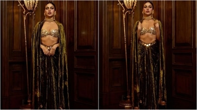 Her stunning outfit is from the brand Itrh and features a mirror-adorned bralette paired with a long velvet skirt. She completed the look with a matching cape draped over her shoulder, radiating royal vibes. (Instagram/@bhumipednekar) Her stunning outfit is from the brand Itrh and features a mirror-adorned bralette paired with a long velvet skirt. She completed the look with a matching cape draped over her shoulder, radiating royal vibes. (Instagram/@bhumipednekar)