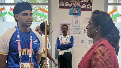 Indian Olympic Association president PT Usha meets 2024 Olympics silver medallist Neeraj Chopra, in Paris. (PTI) Indian Olympic Association president PT Usha meets 2024 Olympics silver medallist Neeraj Chopra, in Paris. (PTI)