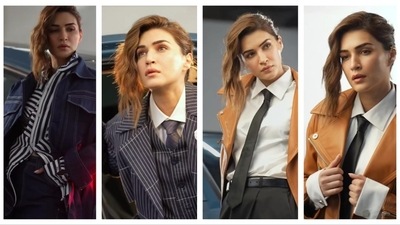 Kriti Sanon exuded peak boss-lady glam as she served two jaw-dropping looks. She nailed both the sleek pantsuit look with oversized shirts, ties and denim jackets. The actor donned three looks- denim, striped and beige aesthetic. (Instagram/@kritisanon)