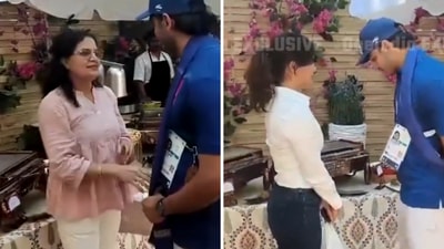 The image shows Manu Bhaker and her mother in conversation with Neeraj Chopra. (Screengrab) The image shows Manu Bhaker and her mother in conversation with Neeraj Chopra. (Screengrab)