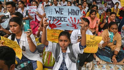 Doctors and nursing staff participate in a huge mass rally near RG Kar Medical College and Hospital protesting against rape and murder of a trainee doctor in Kolkata. (PTI) Doctors and nursing staff participate in a huge mass rally near RG Kar Medical College and Hospital protesting against rape and murder of a trainee doctor in Kolkata. (PTI)
