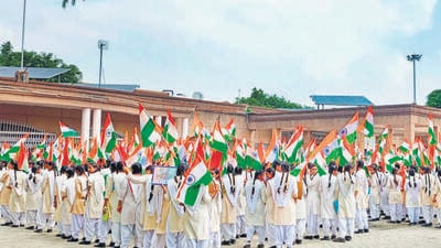 The tricolour rally is part of Uttar Pradesh government’s initiative to mark Azadi Ka Amrit Mahotsav, aimed at instilling patriotism and national pride among citizens. (HT Photo) The tricolour rally is part of Uttar Pradesh government’s initiative to mark Azadi Ka Amrit Mahotsav, aimed at instilling patriotism and national pride among citizens. (HT Photo)