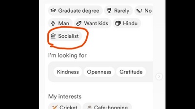 Snapshot of the Bumble bio where the man wrote he is a "socialist". Snapshot of the Bumble bio where the man wrote he is a "socialist".