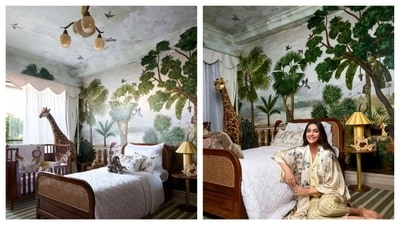 Perhaps the most special part of Sonam Kapoor and Ananda Ahuja's Mumbai home for the parents would be their son Vayu's room. The inviting bedroom features a jungle mural painting, custom furniture, stuffed animals, a rocking horse toy and so much more. Perhaps the most special part of Sonam Kapoor and Ananda Ahuja's Mumbai home for the parents would be their son Vayu's room. The inviting bedroom features a jungle mural painting, custom furniture, stuffed animals, a rocking horse toy and so much more.