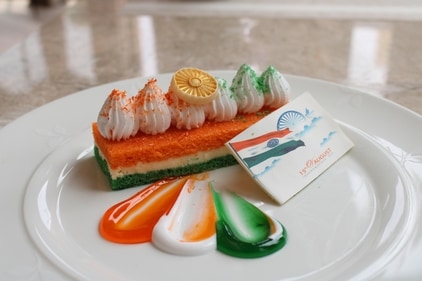 Tricolour pastry layered with rich flavours, beautifully representing the colours of the Indian flag in a sweet, patriotic treat. (Chef Sachin Malik)