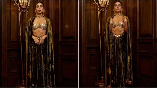 Her stunning outfit is from the brand Itrh and features a mirror-adorned bralette paired with a long velvet skirt. She completed the look with a matching cape draped over her shoulder, radiating royal vibes.(Instagram/@bhumipednekar)