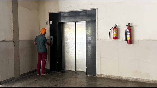 A broken lift at the public hospital in Ludhiana on Tuesday, August 13, 2024. (Manish/HT)