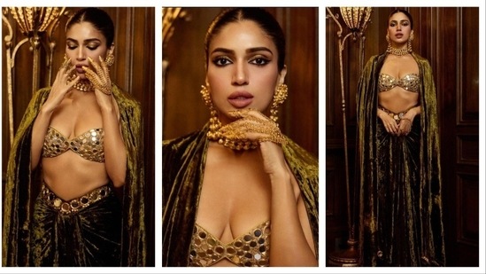 Bhumi Pednekar looked like a diva, gilded in golden confidence. Glowing like a golden goddess, she went full on glam with golden jewelleries, wearing chunky earrings, hathphul and choker necklace. Her golden outfit featured a golden cape, mirror-studded bralette and a long skirt. Her hair was in a sleek back style, to not throw away the focus from her gorgeous outfit and accesories. (Instagram/@bhumipednekar)