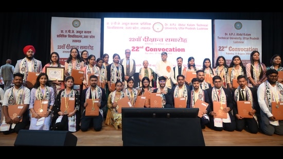 Governor Anandiben Patel and minister Ashish Patel with medal winners, at the 22nd convocation ceremony of AKTU in Lucknow, on Tuesday. (Deepak Gupta)