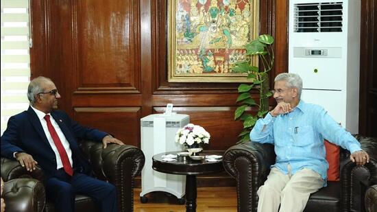 Liberal Party MP Chandra Arya with External Affairs Minister S Jaishankar during this meeting on Monday. (S Jaishankar/X)