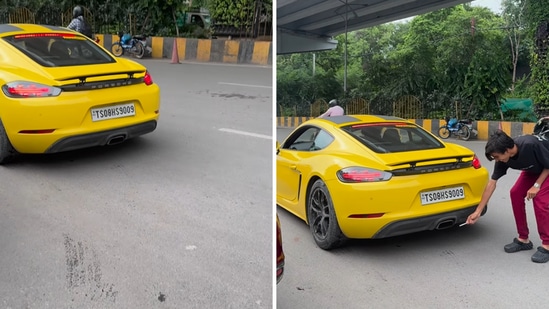 The image shows a man using a Porsche’s exhaust to light a cigarette. (Instagram/@mohammedmisbahhh) The image shows a man using a Porsche’s exhaust to light a cigarette. (Instagram/@mohammedmisbahhh)