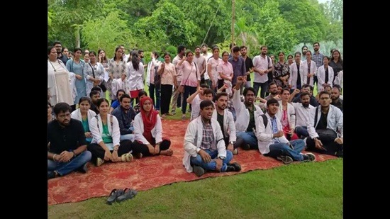 Resident doctors of PGIMS, Rohtak during strike on Tuesday. (HT Photo)