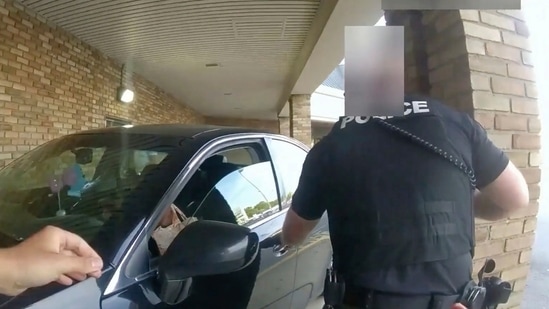 FILE - This still image from bodycam video released by the Blendon Township Police on Friday, Sept. 1, 2023, shows a bullet hole in the windshield of a car with Ta'Kiya Young inside after she was shot by a police officer outside a grocery store in Blendon Township, Ohio, a suburb of Columbus, on Aug. 24. The video was pixelated by the source. (Blendon Township Police via AP, File)(AP)