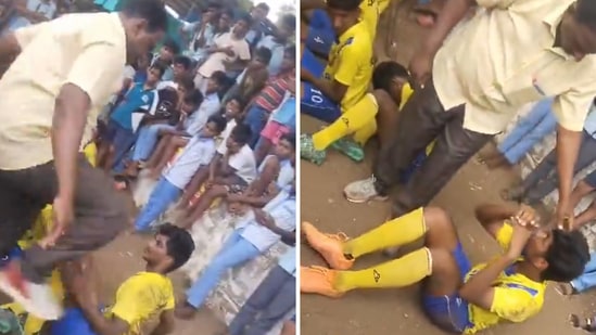 The image shows a teacher in Tamil Nadu assaulting his students for losing a football match. (Screengrab)