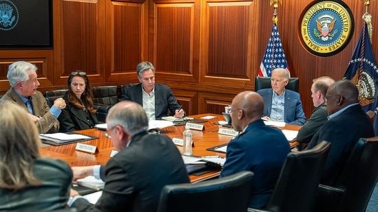 US president Joe Biden (C) in a meeting with his national security team in Washington, DC, after Iran launched a drone and missile attack on Israel.(AFP)