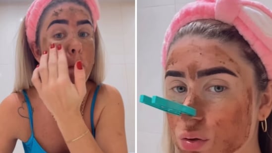 The image shows a Brazilian model with poop smeared all over her face. She reportedly used this face mask to “prevent ageing". (Instagram/deborapeixoto.ofc)