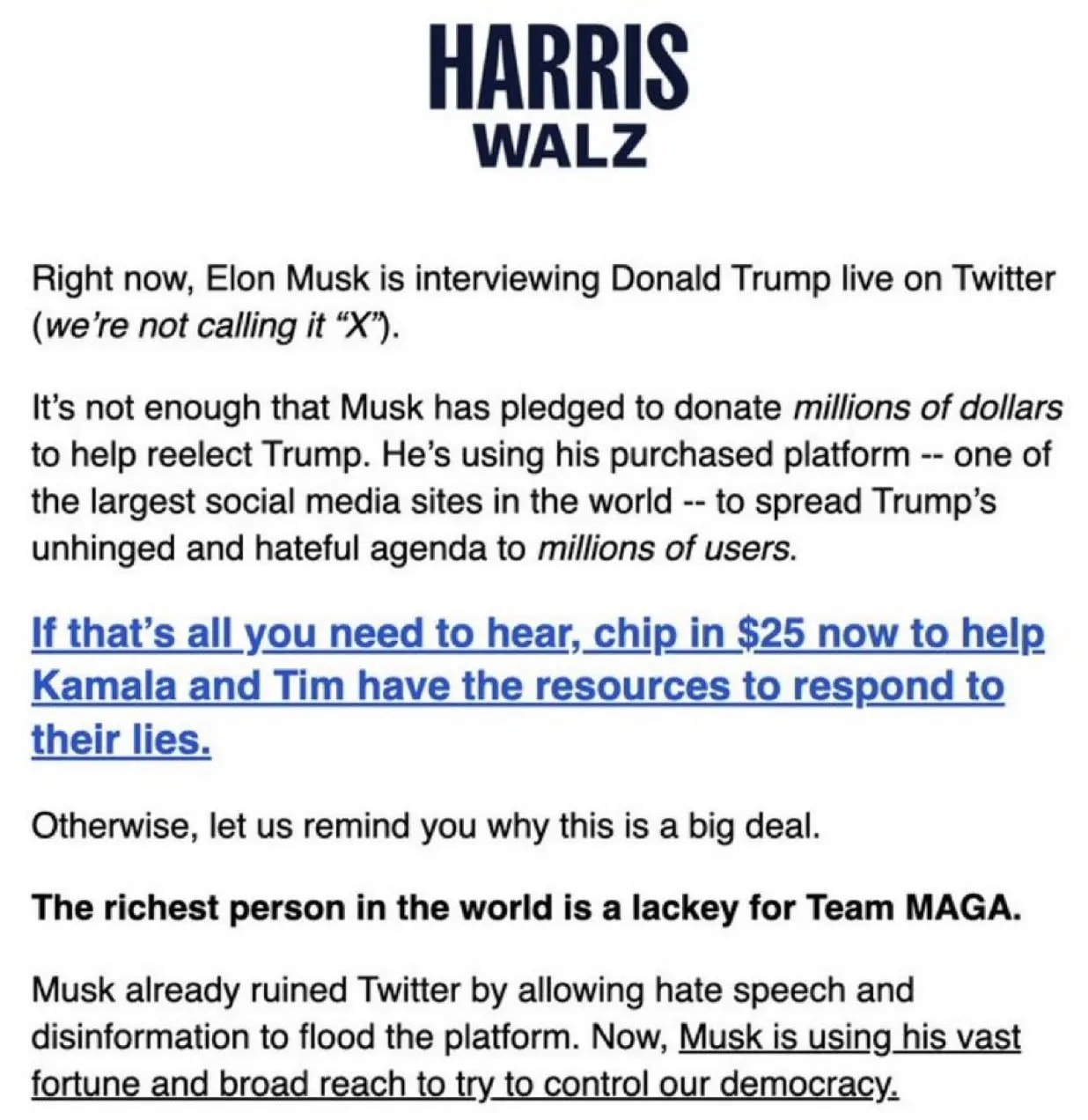 Kamala Harris campaign's fundraising email to supporters