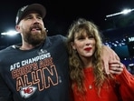 BALTIMORE, MARYLAND - JANUARY 28: Travis Kelce #87 of the Kansas City Chiefs (L) celebrates with Taylor Swift after defeating the Baltimore Ravens in the AFC Championship Game at M&T Bank Stadium on January 28, 2024 in Baltimore, Maryland.   Patrick Smith/Getty Images/AFP (Photo by Patrick Smith / GETTY IMAGES NORTH AMERICA / Getty Images via AFP)