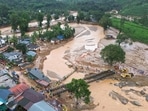 This handout photograph taken on August 1, 2024 and released by Humane Society International, India, shows an aerial view of the tea plantations after landslides in Wayanad. (Photo by Hemanth Byatroy / Humane Society International, India / AFP)(AFP)